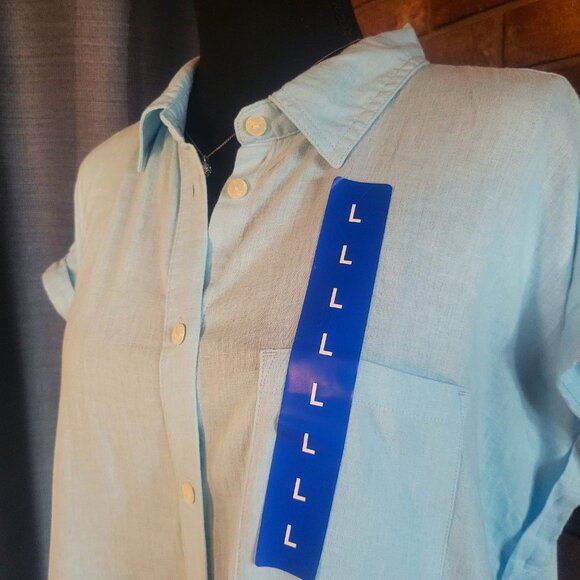 NWT! Orvis Women's Linen Blend Lt. Blue Capped Sleeve Button-up Blouse - Size L - Picture 2 of 11